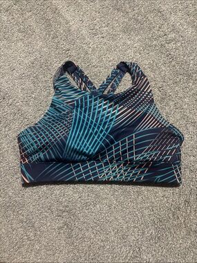 Hylete Navy & Teal High-Neck Strappy Sports Bra with Coral Accents